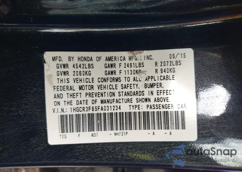 2015 Honda Accord Sedan Ex-L из США, поврежденный, VIN 1HGCR3F85FA031234